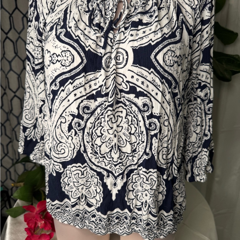 INC International Concepts Blue and White Tie Front 3/4 Sleeve Blouse